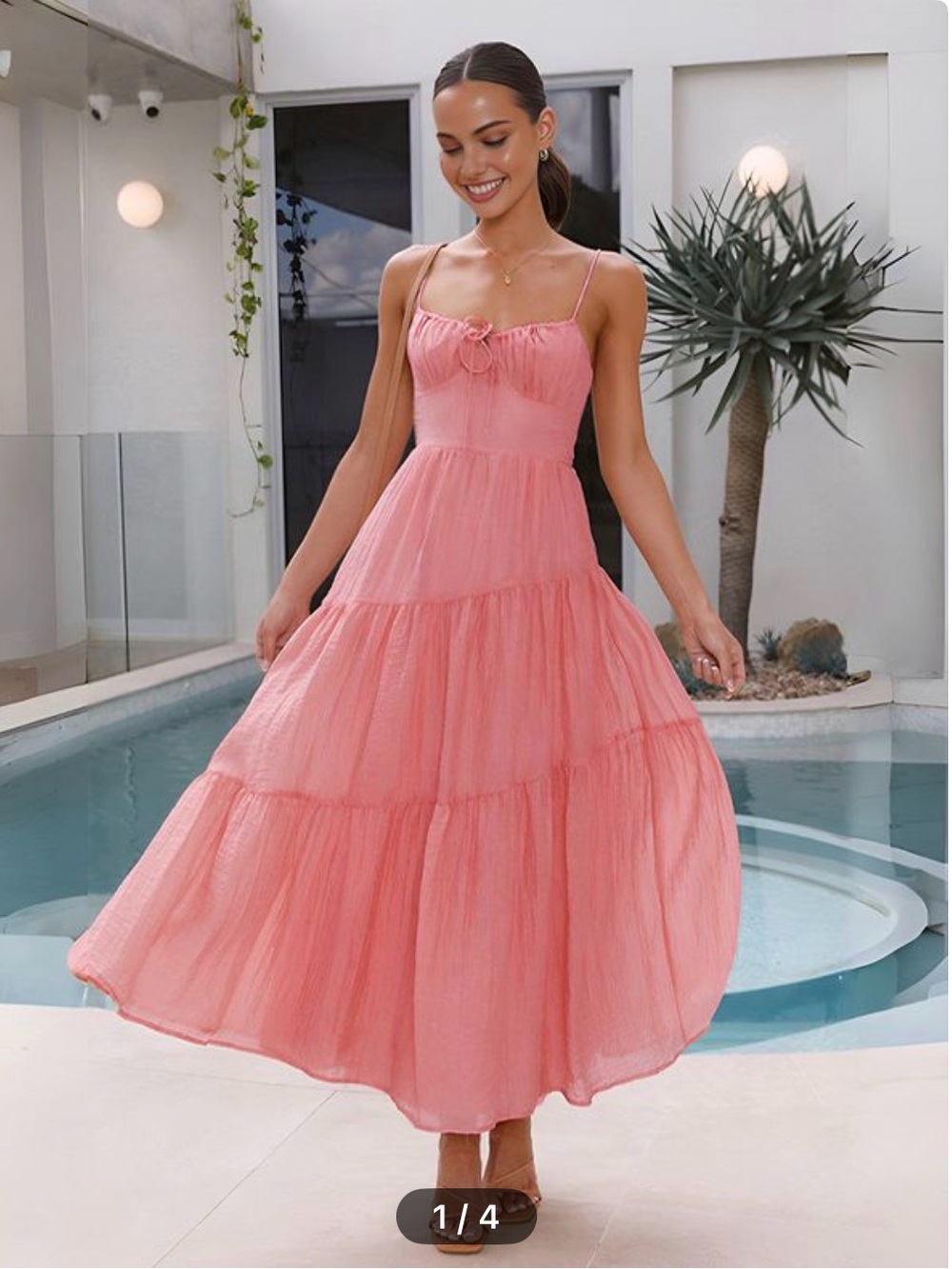 Commense Pink Tiered Spaghetti-Strap Maxi Dress
